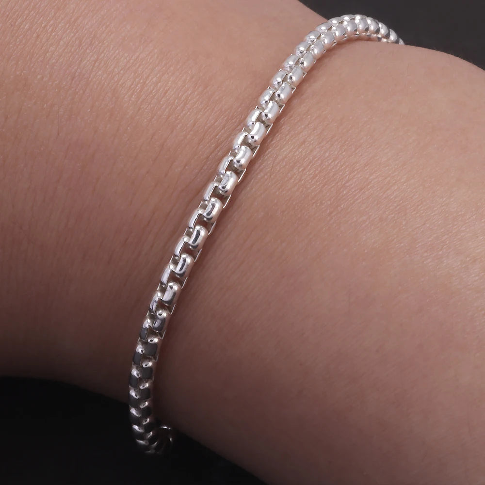 Silver 3mm Round Box Chain Link Bracelet for Men Fashion Jewelry Accessories