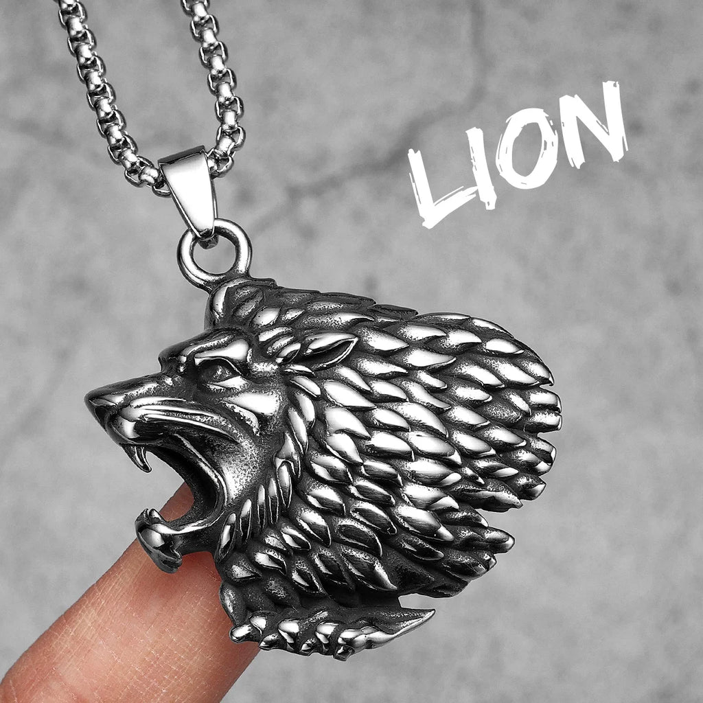 Roaring Beast Head Pendant Necklace — Stainless Steel Chain