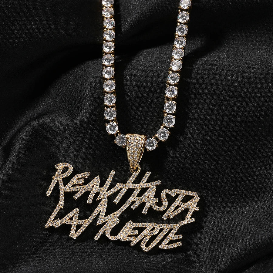 Signature Real Hasta La Muerte Pendant Necklace Two Row Letters Hip Hop Iced Out 5A CZ Capital Initial Anuel AA's