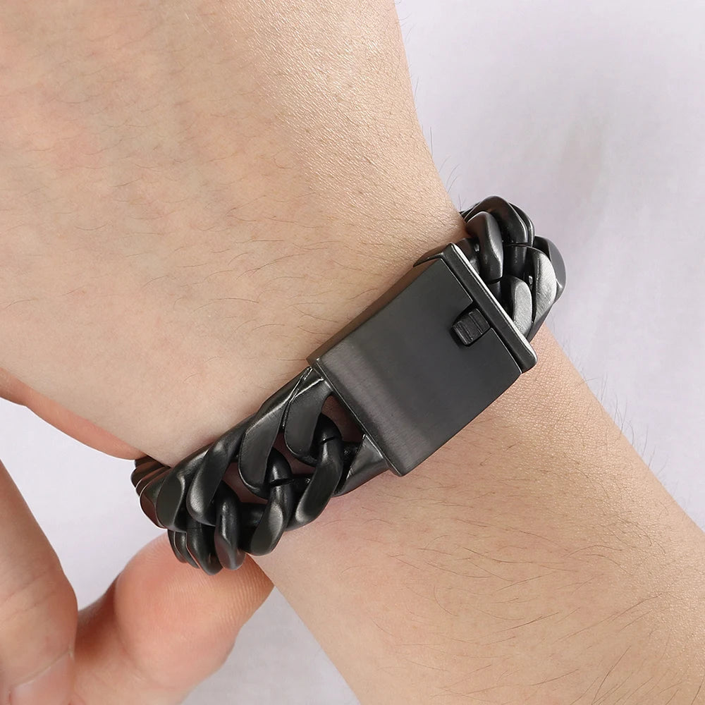 Matte Brushed Stainless Steel Men's Bracelets Black Gold Color 18MM Wide Cuban Link Chain Bracelet for Men Engraved