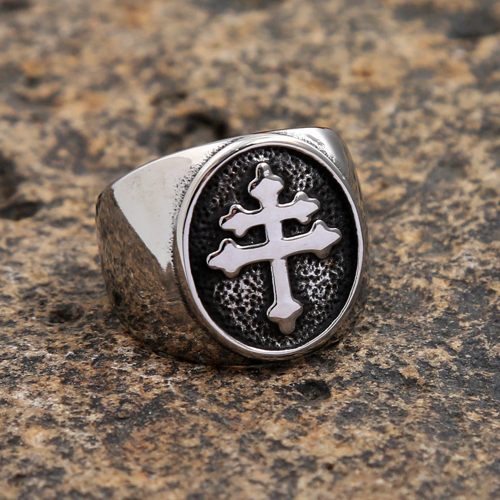 Classic Lorraine Cross Signet Ring for Men Gold/Silver Color Stainless Steel Orthodox Cross Ring Male Punk Biker Jewelry
