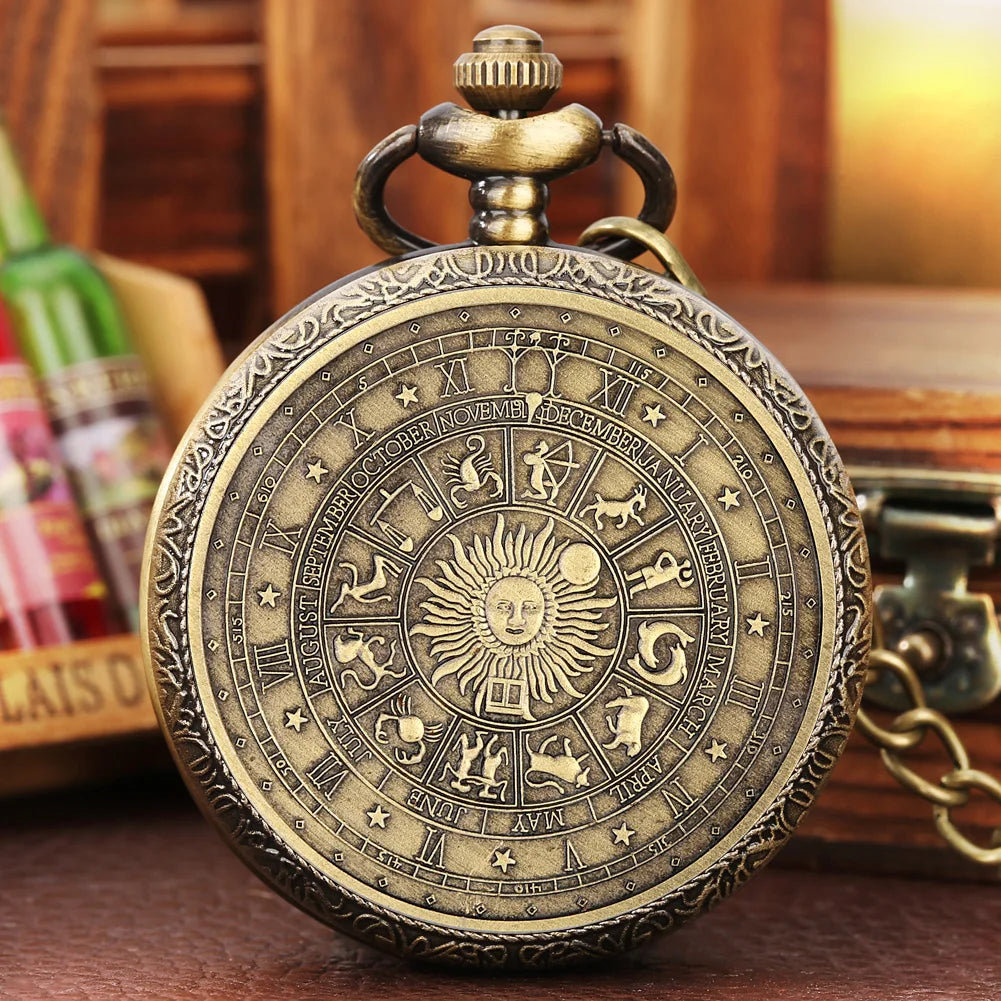Vintage Pocket Watch Bronze Quartz Zodiac Signs Watches with Chain The SUN Male's Kid Retro Clock Exquisite Fashion