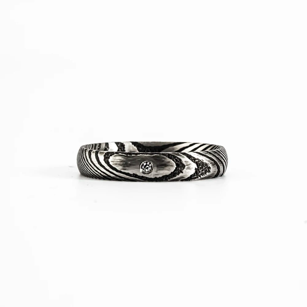 Damascus Steel CZ Band Ring — Stainless Steel