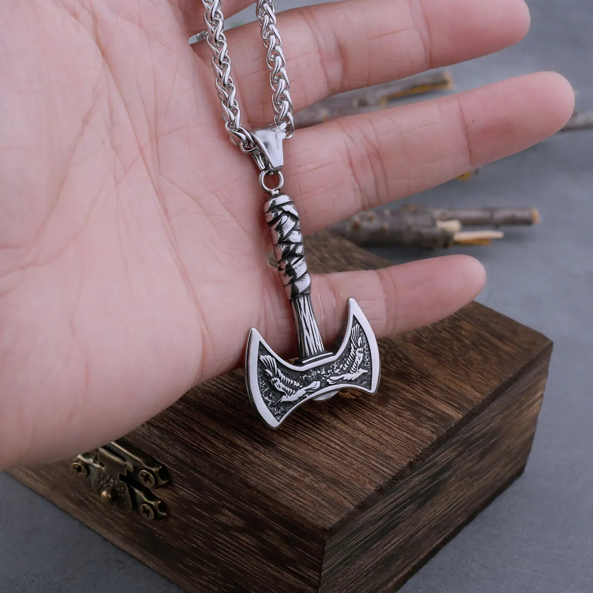 Stainless Steel Viking Warrior Odin Axe and Raven Necklace Men Fashion Hip Hop Amulet Pendant Viking Jewelry Boyfriend