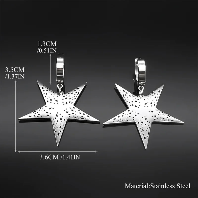 Gothic Star Silver Earrings Pentagram Hollow Hoop