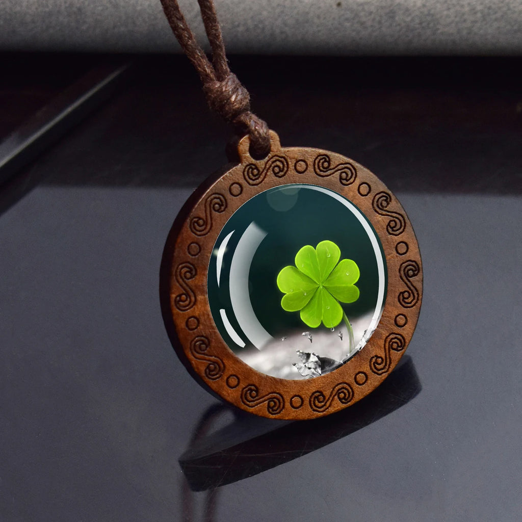 Shamrock Lucky Clover Wood Necklace Wooden Pendant Four Leaf Clover Necklaces Handmade Glass Cabochon Jewelry Women Gift