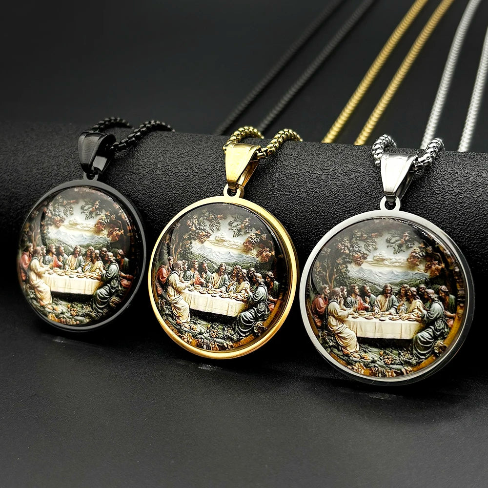 The Last Supper Twelve Apostles Glass Medal Pendant Necklace Women Men Stainless Steel Gold Color Christian Amulet