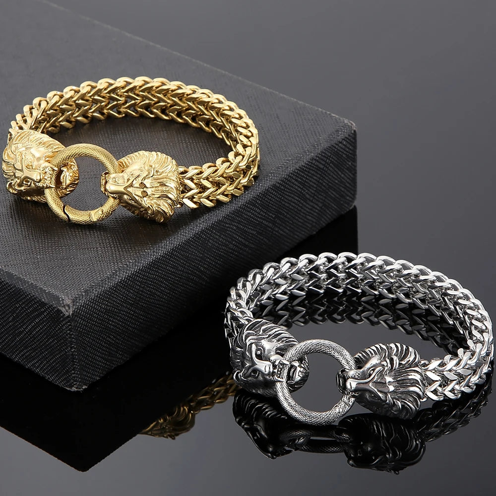 Lion Head With Square Franco Link Chain Bracelet for Man Stainless Steel Men's Bracelets Masculine Jewelry Birthday