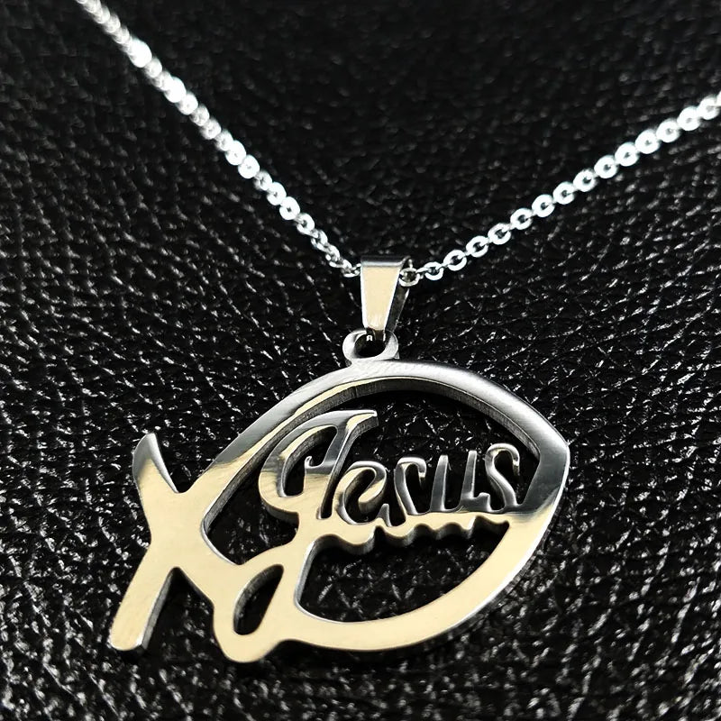 Stainless Steel Jesus Christ Male Necklaces Fish Christian Ichthys Fish Pendant Necklaces Jewelry Women or Men Collares
