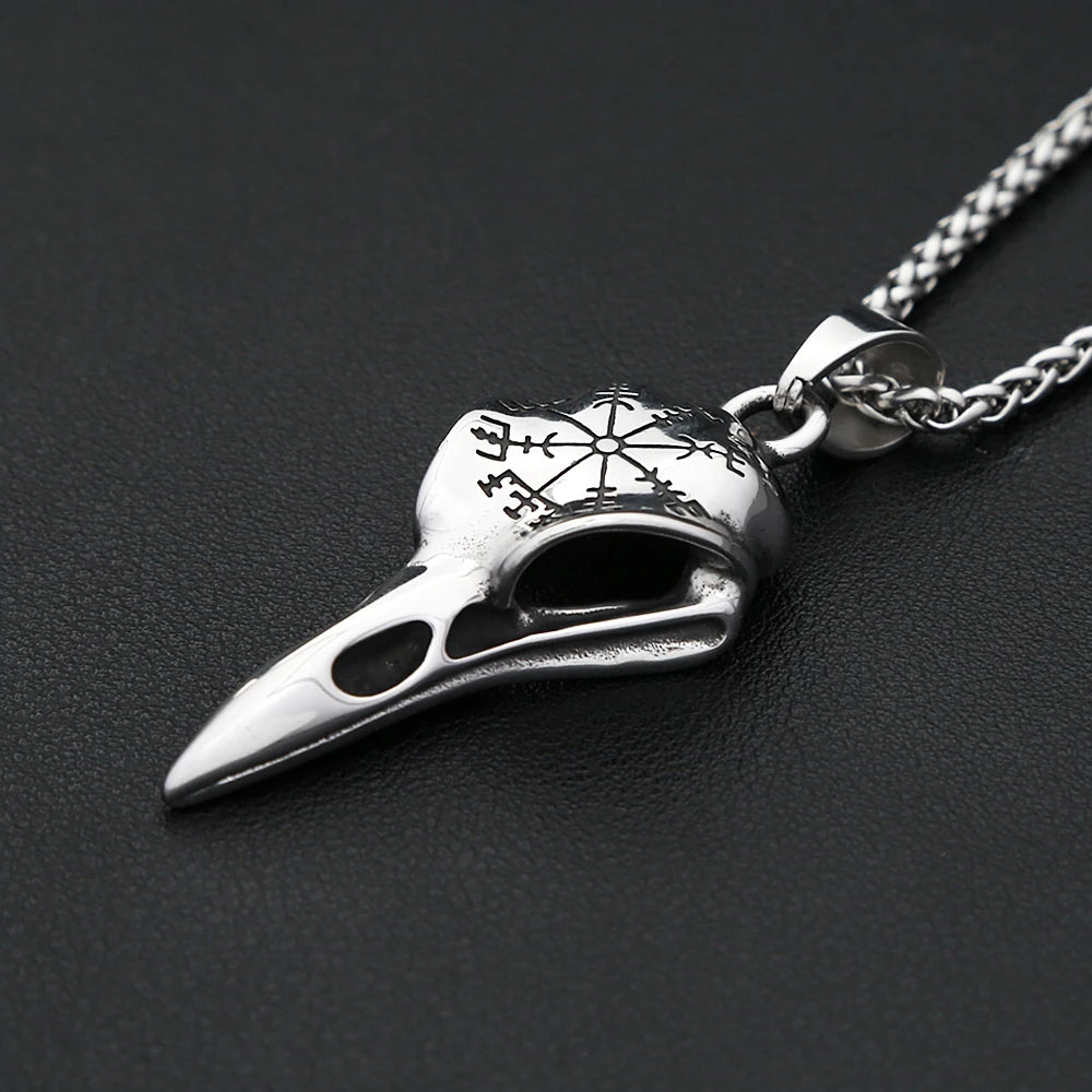 Vintage Fashion Vikings Compass Crow Head Pendant Necklace For Men Stainless Steel Nordic Animal Skull Necklaces Biker