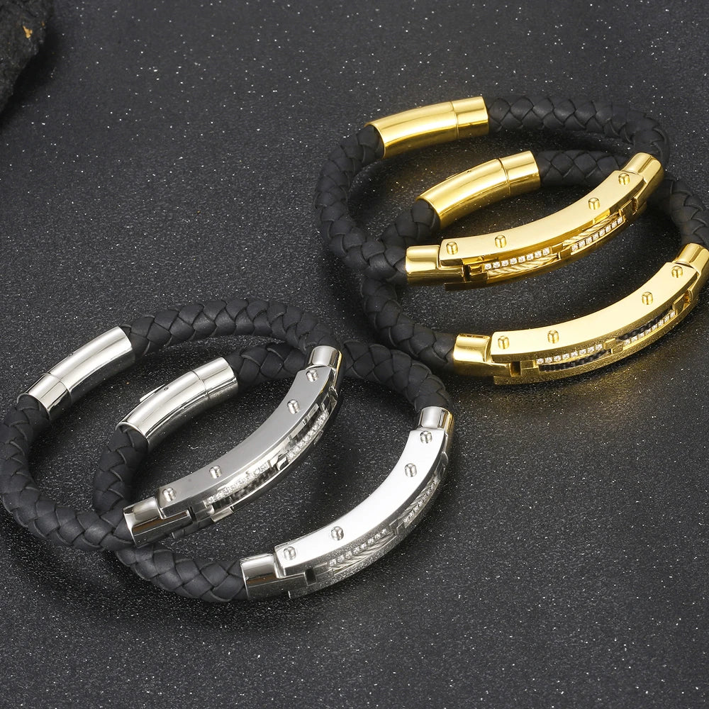 Gold Color Bracelets for Men 8MM Wide Braided Leather Rope Chain Bracelet CZ Stainless Steel Men's Arm Jewelry Birthday