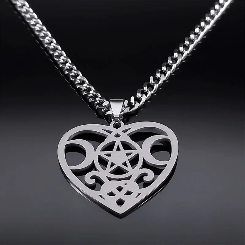 Wicca Heart Pentagram Pendant — Stainless