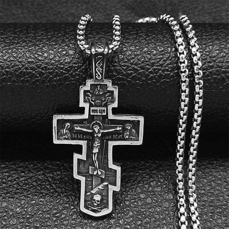 Orthodox Icon Cross Pendant Necklace — Stainless Steel