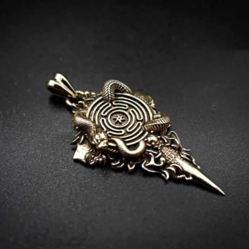 Retro Wheel Pendant with Snake Pendant Wheel of Hecate Symbol Protective Amulet Brass Jewelry Gifts for Women