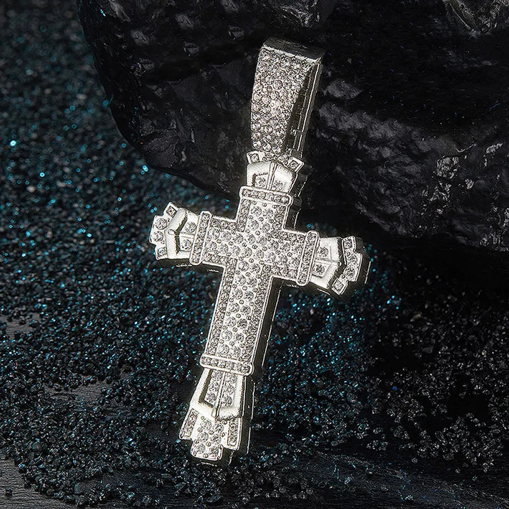 Iced Out Cross Pendant Necklace with Miami Cuban Chain Link
