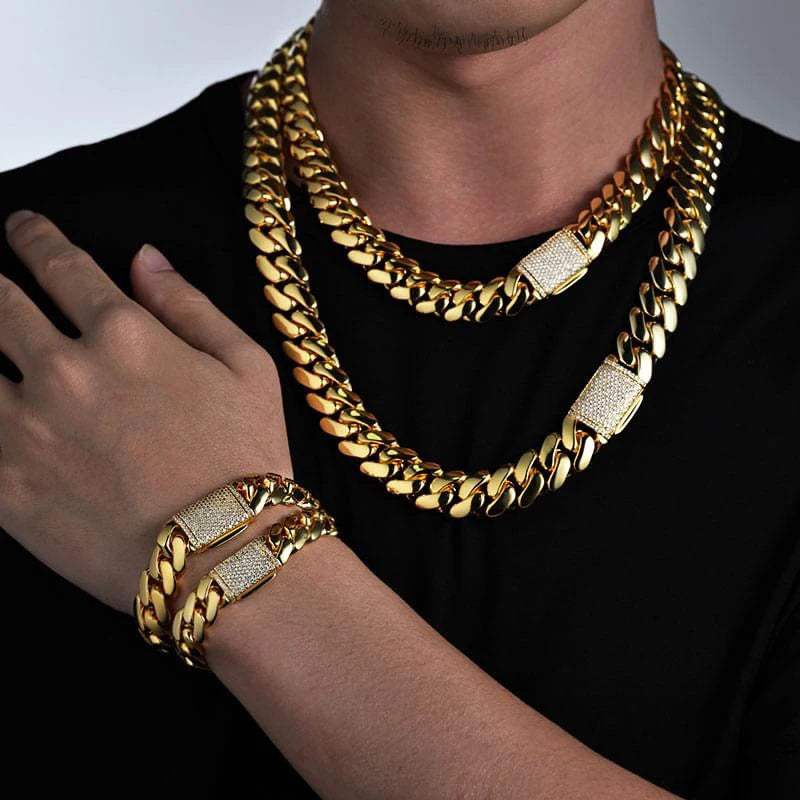 8-14mm Hip Hop Bling Iced Out 18k Gold-plated Stainless Steel Dense Cuban Miami Link Chain Necklaces for Unisex Rapper