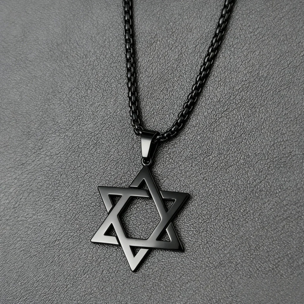 Classic Men's Star of David Pendant Necklace in Black Gold Silver Color Stainless Steel Israel Jewish Jewelry  Box Chain 24 inch