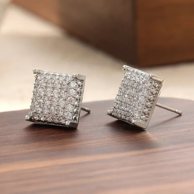 Fashion Women Men Stud Earrings Classic Square Shaped Ear Stud Piercing Sparkling Cubic Zircon Temperament Jewelry
