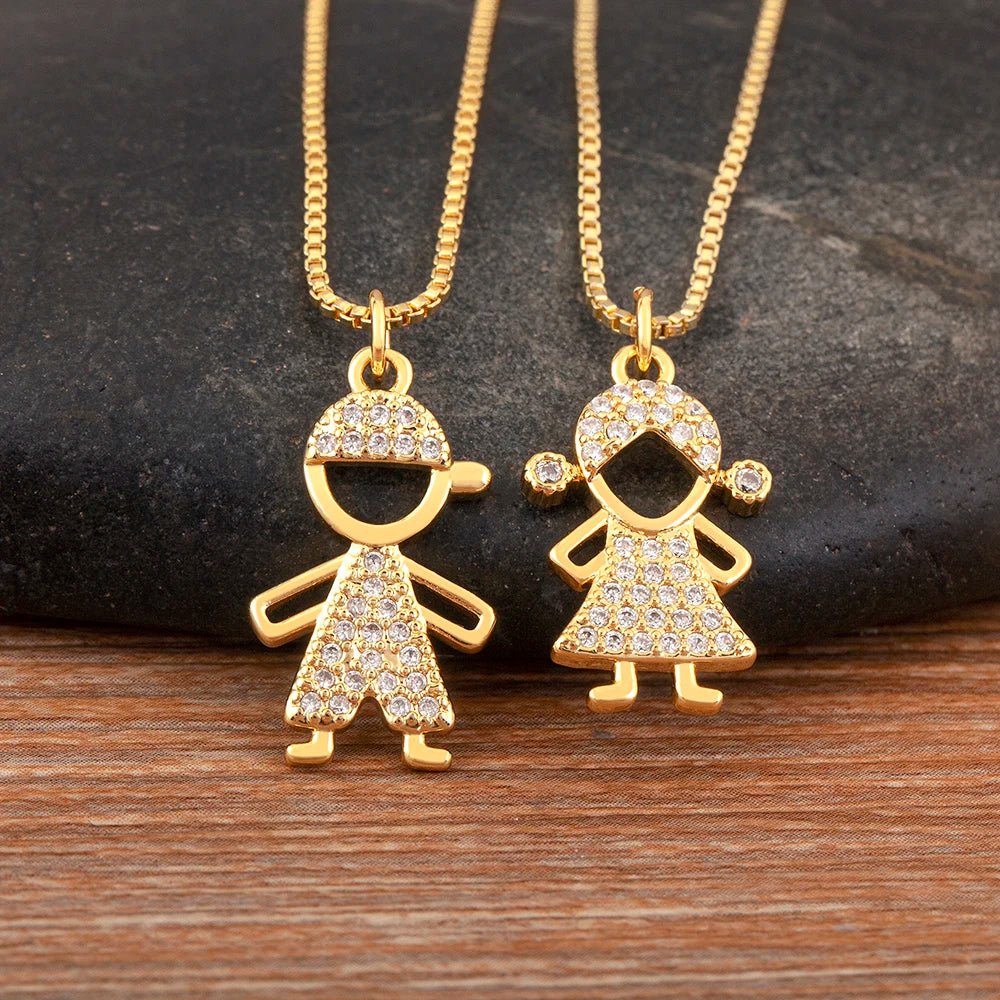 New Fashion Pave Shiny Crystal Zircon Girls Boys Son Daughter Pendant Necklace For Female Male Chain Link Jewelry Accessories