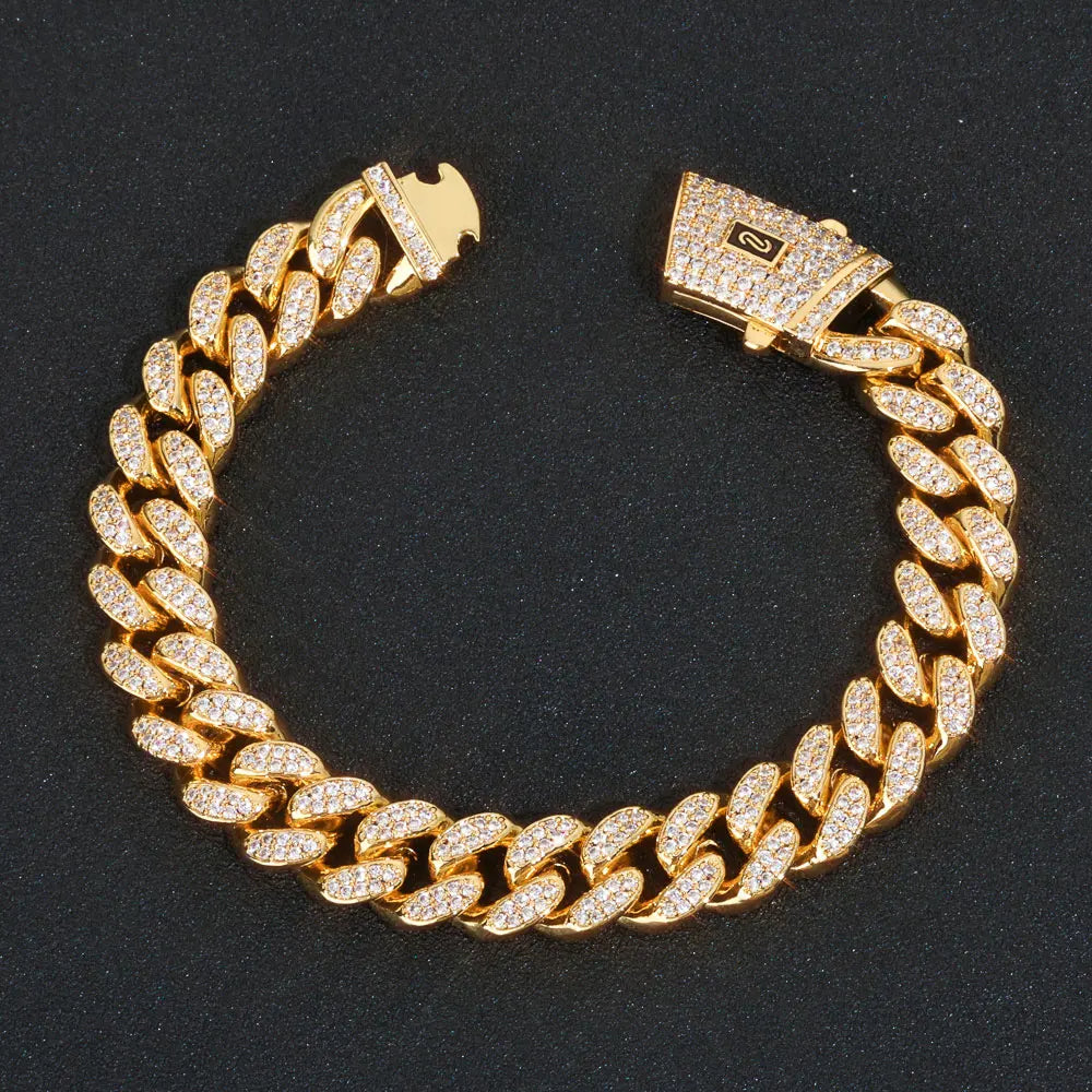 Gold Cuban Bracelet Iced Out 12MM Monaco 18K