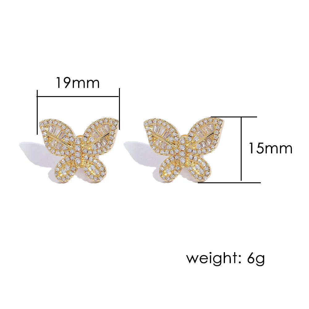 Gold Iced Out Butterfly Stud Earrings Statement
