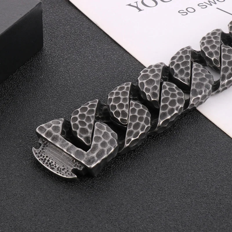 Heavy Curb Bracelet for Men Vintage Stainless Steel Foundry Tapping Pattern Cuban Chain Male Bangle Bracelets Jewelry