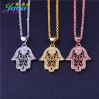 Iced Evil Eye Hamsa Pendant Necklace — Gold-Tone