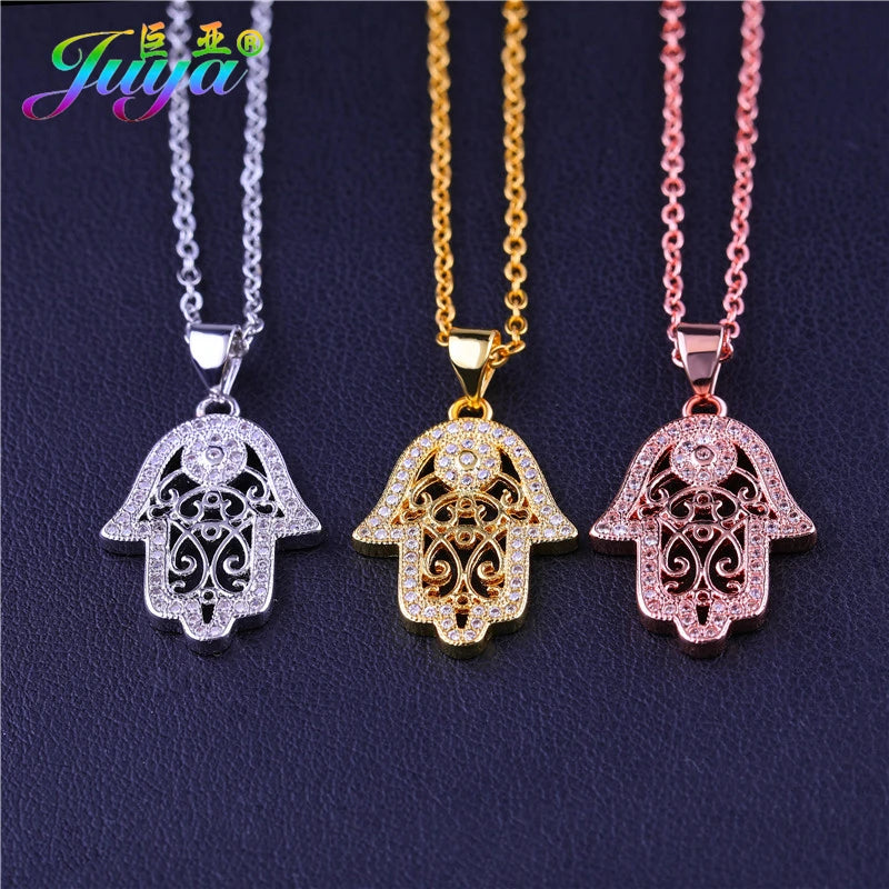 Iced Evil Eye Hamsa Pendant Necklace — Gold-Tone