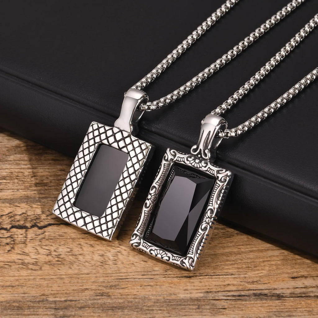 Vnox Black Square Stone Necklaces for Men, Retro Silver Color Stainless Steel Geometric Pendant Collar with Box Chain