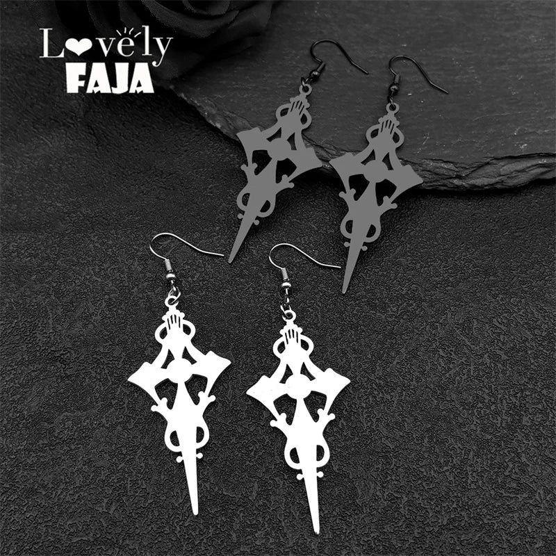 Gothic Cross Steel Earrings Satan Witch Big Hoop