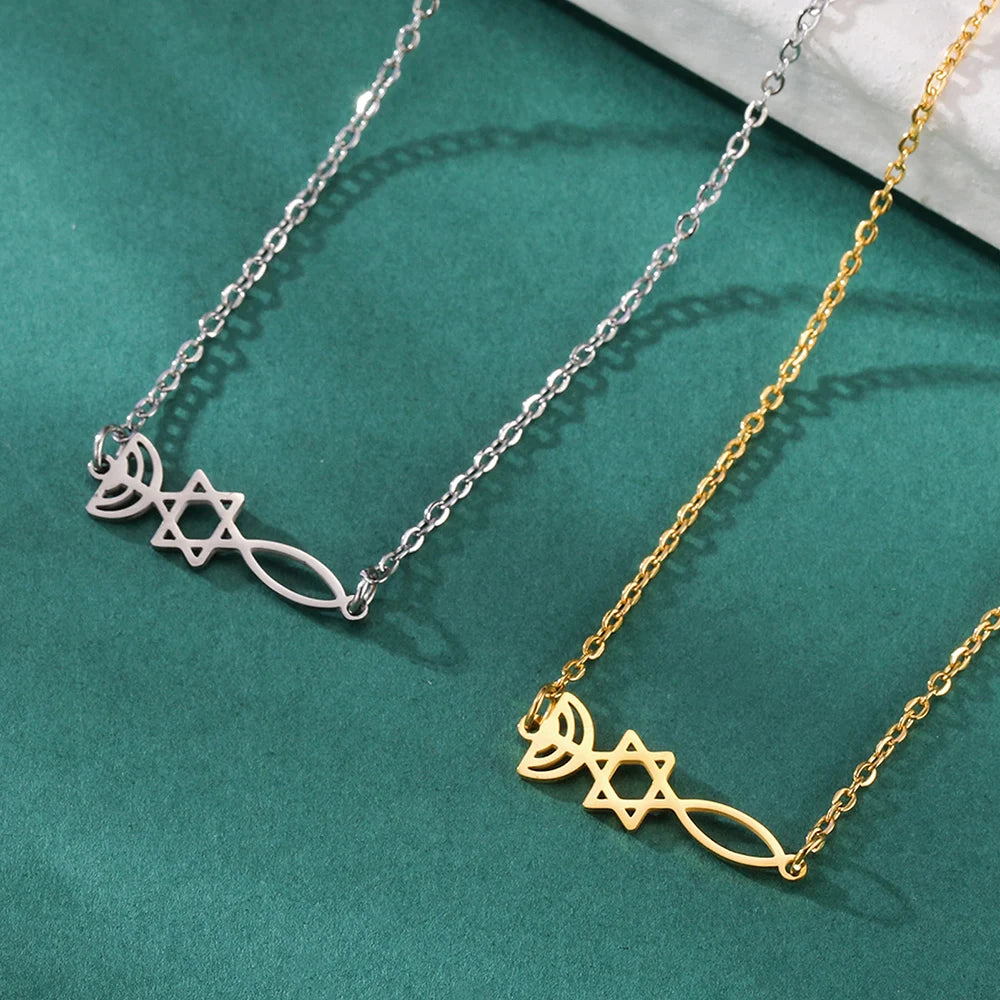 Star of David & Menorah Jewish Pendant Necklace — Stainless Steel