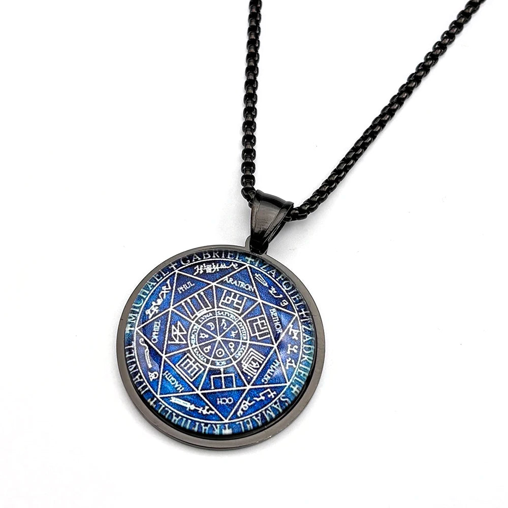 Seven Archangels Glass Medal Angel Pendant Necklace for Women Men Stainless Steel Seal of Solomon Protection Chain Jewelry Gift