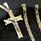 Stainless Steel Crucifix Jesus Byzantine Link Chain Necklace Fish Bone Pattern Cross Pendant Necklace Catholic Jewelry