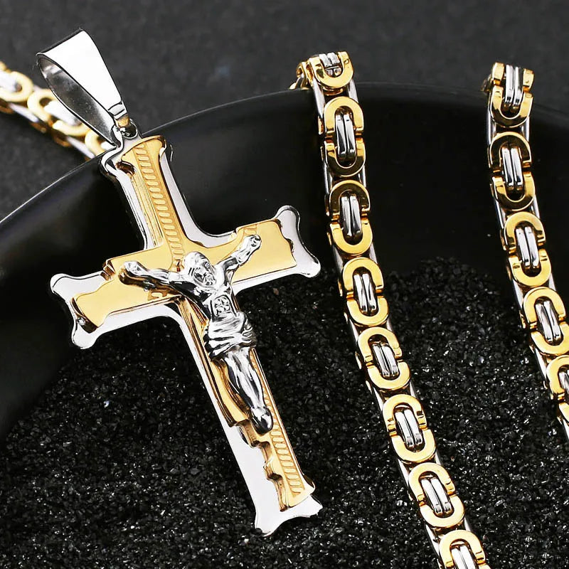 Stainless Steel Crucifix Jesus Byzantine Link Chain Necklace Fish Bone Pattern Cross Pendant Necklace Catholic Jewelry