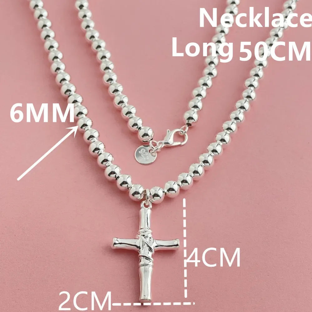 Buddhist Beads Chain Cross Pendant Necklace — Silver-Tone 6mm