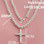 Buddhist Beads Chain Cross Pendant Necklace — Silver-Tone 6mm