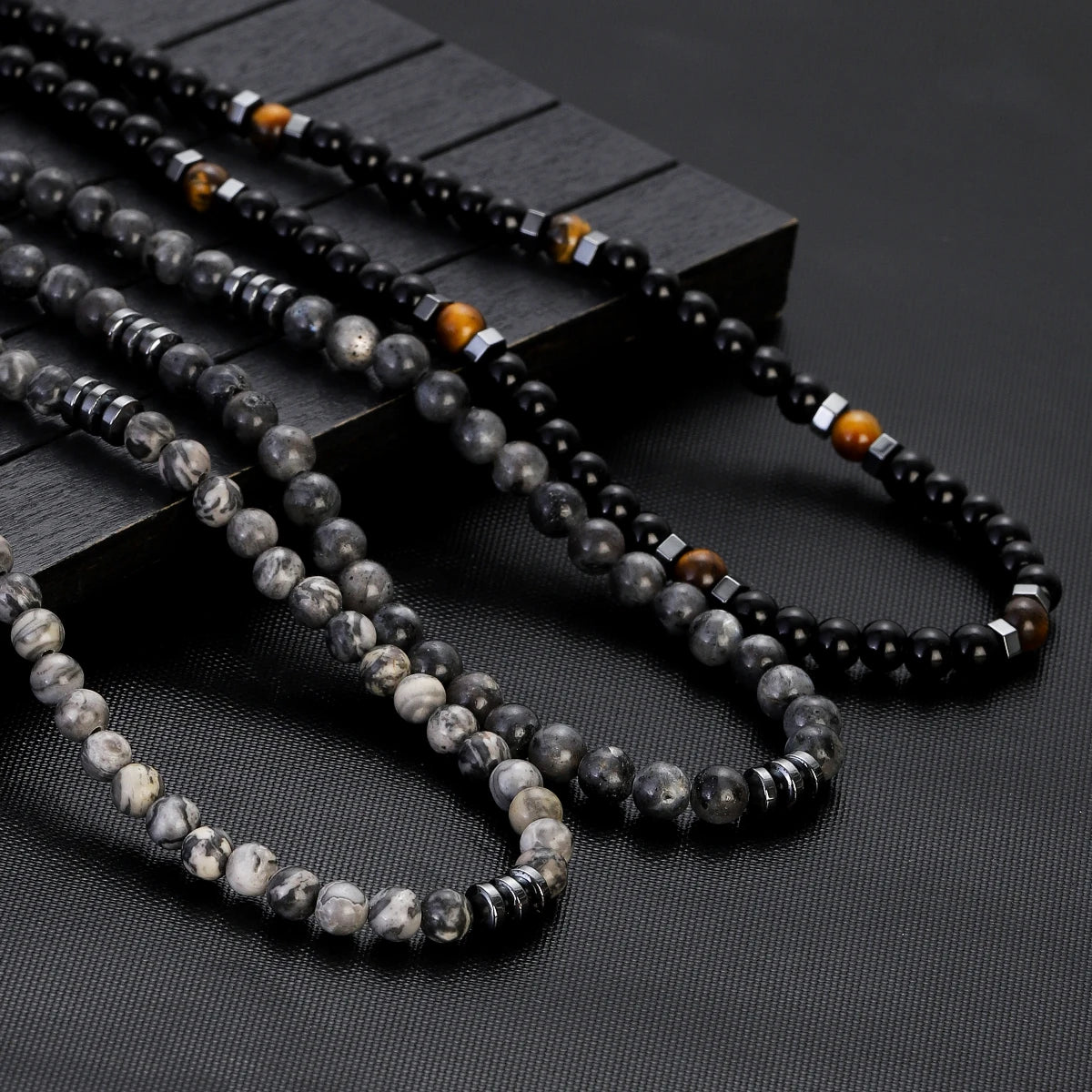Obsidian Tiger Eye Minimalist Choker Necklace — Black-Tone, 6mm