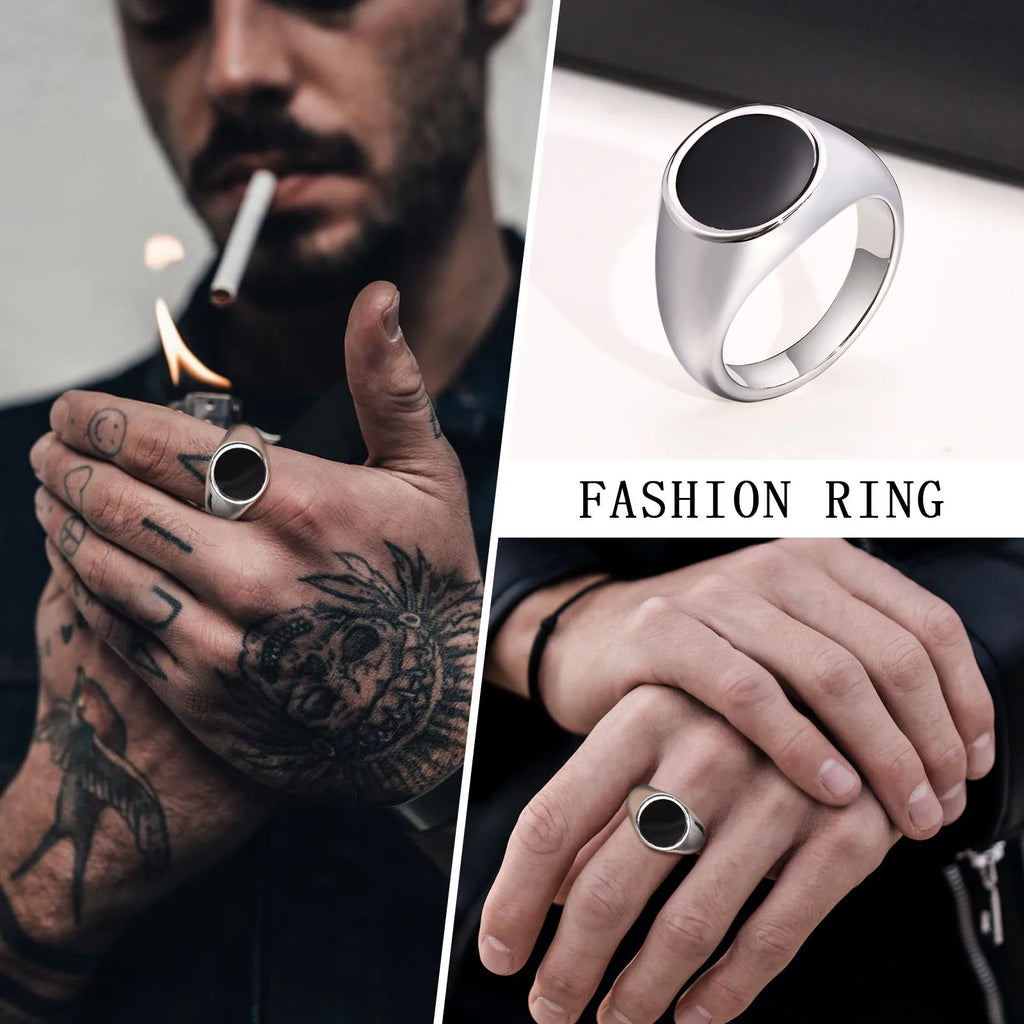 Black Enamel Signet Ring 13mm — Stainless Steel