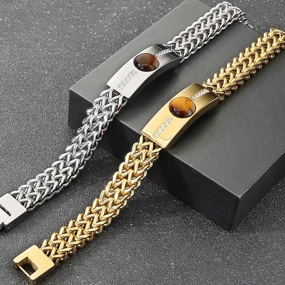 Classic Men's Bracelet With Tiger Eye Stone 12MM Width Gold Color Stainless Steel Link Chain Bracelets for Man Jewelry