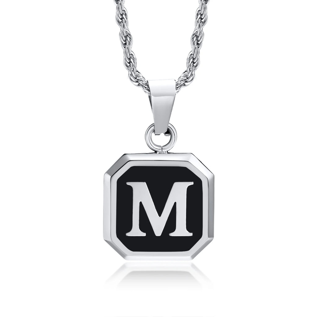 Initials Necklaces for Men Women,A-Z 26 Letters Black Square Stainless Steel Pendant Collar,45-60CM Twisted Rope Chain