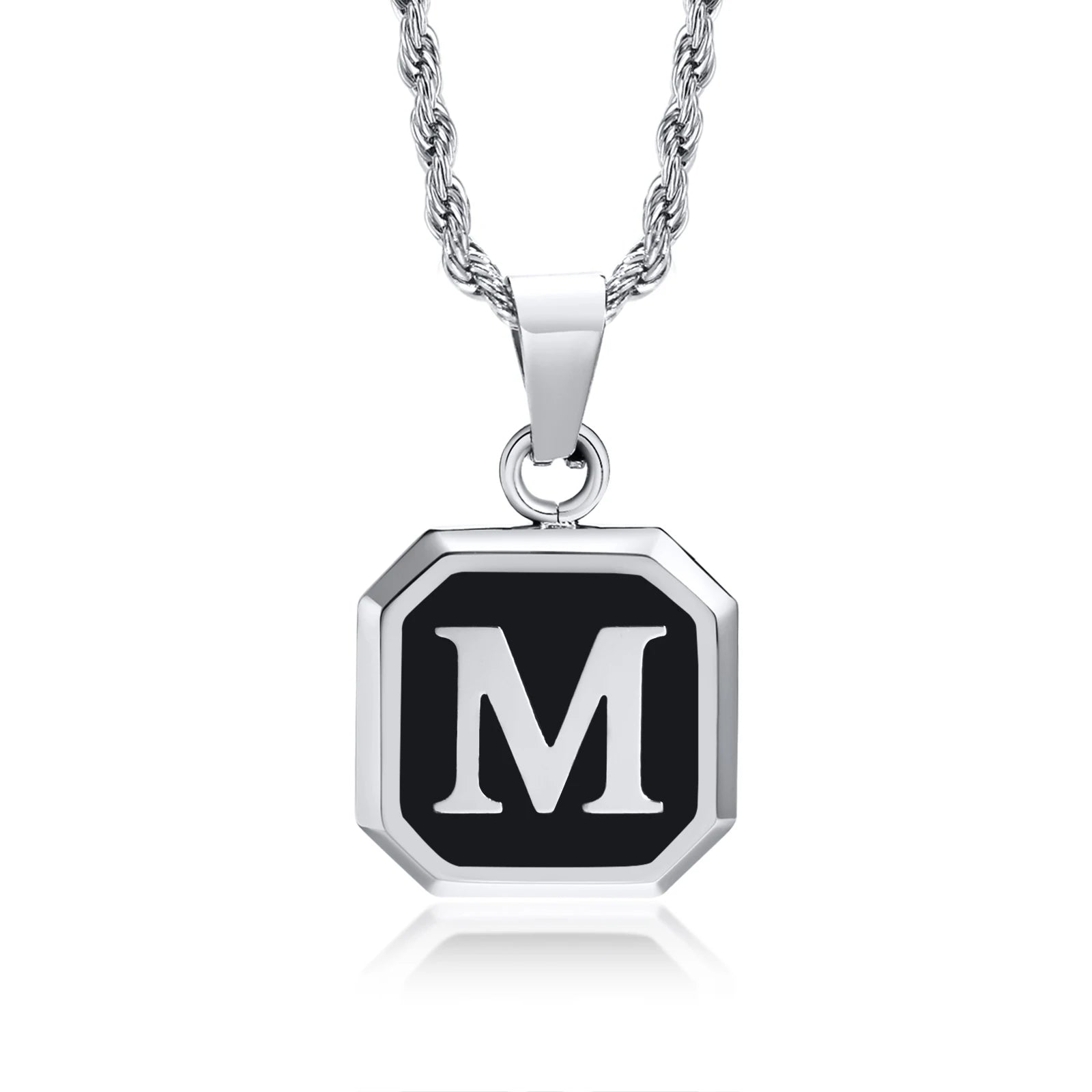 Initials Necklaces for Men Women,A-Z 26 Letters Black Square Stainless Steel Pendant Collar,45-60CM Twisted Rope Chain