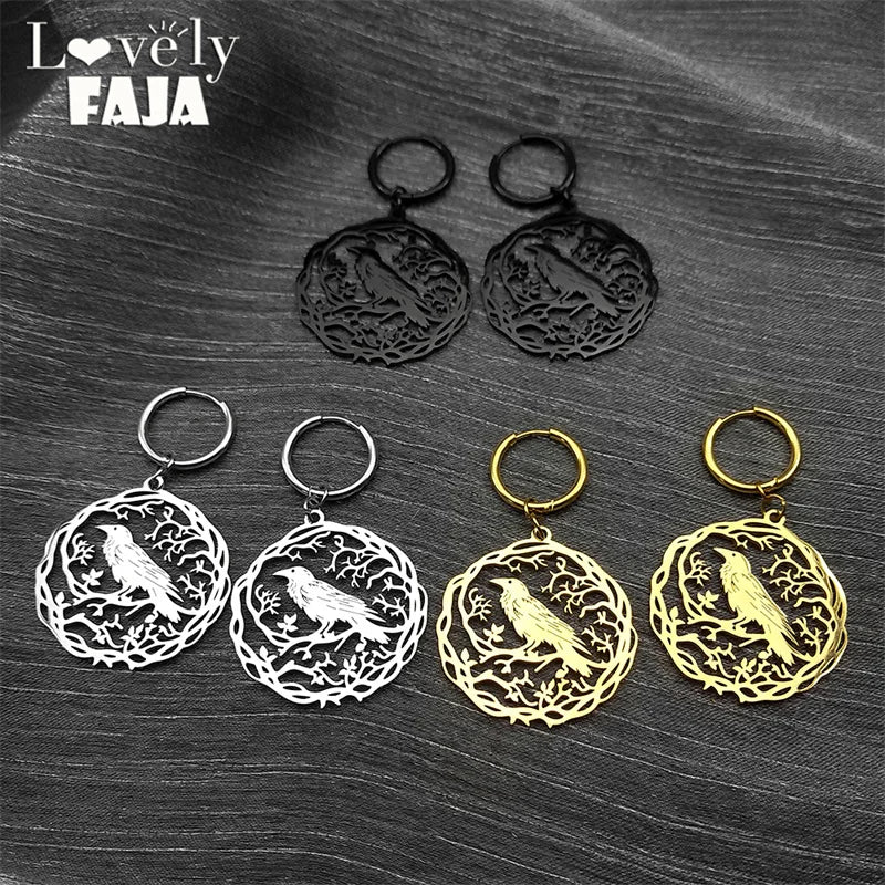 Tree Of Life Steel Earrings Gothic Crow Bird Dangle