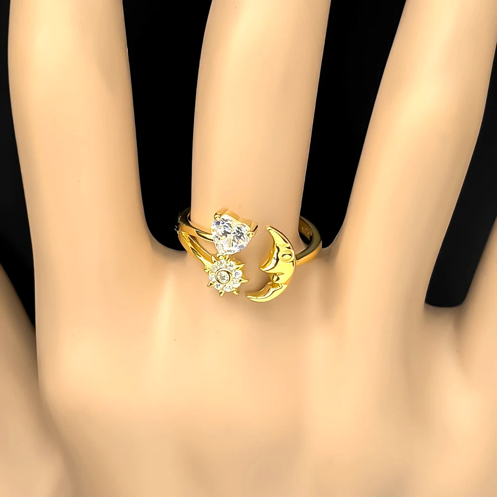 Heart Moon Two-Tone Ring Sterling Zircons Face