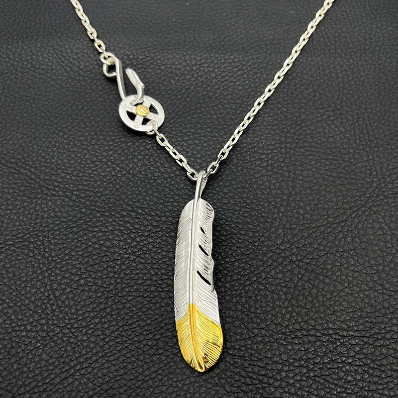 Handmade Two Tone Feather Pendant Necklace Silver Plated Alloy Men Women Vintage Biker Native American Goros Jewelry Gift