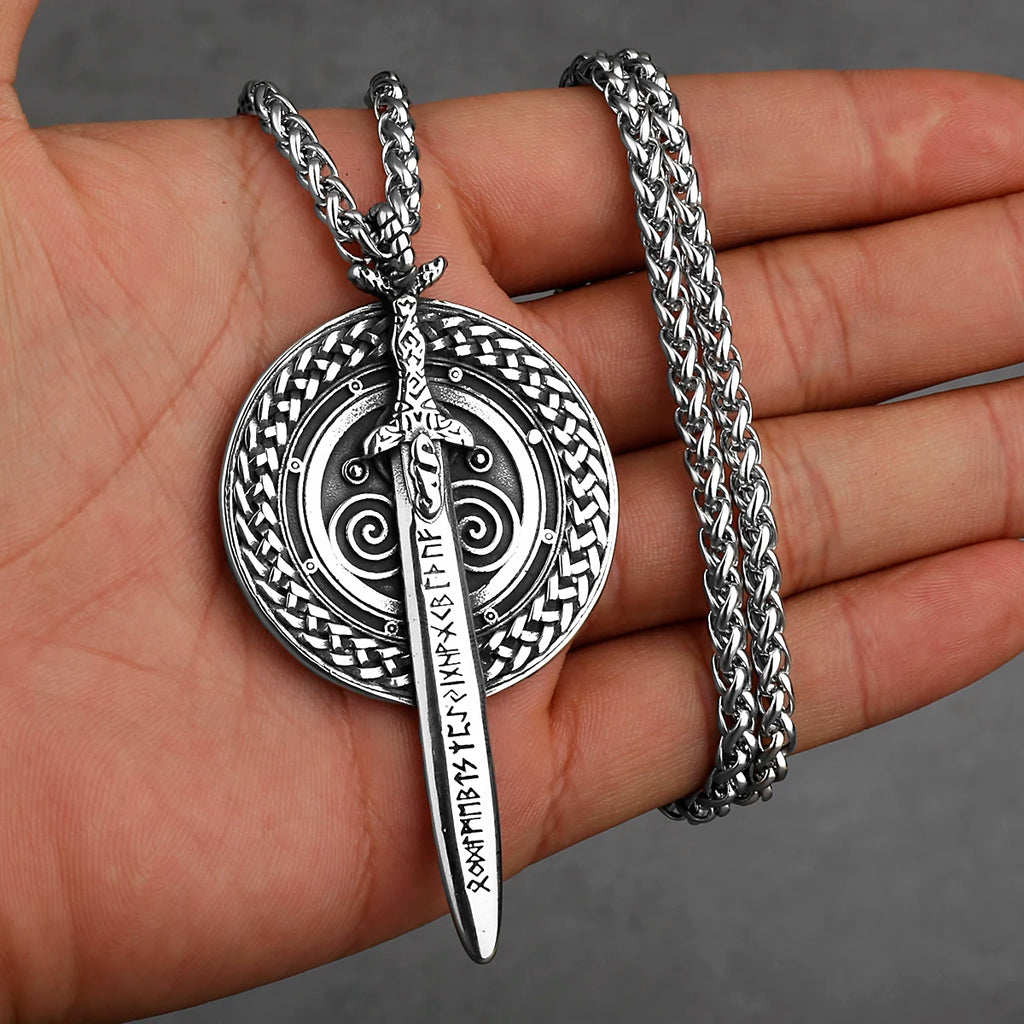 Viking Sword Shield Pendant Necklace — Steel