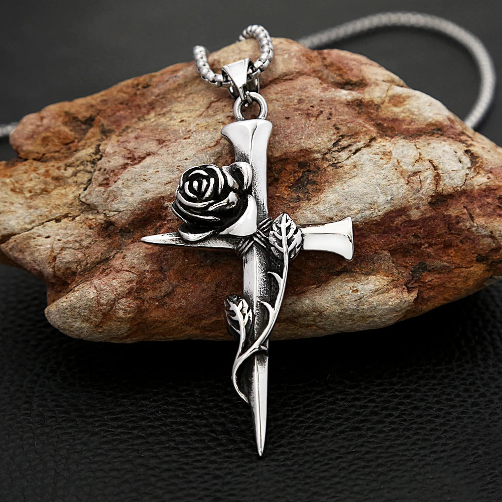 Fashion Vintage Rose Cross Necklace for Man Woman Punk 316L Stainless Steel Couple Pendant Creative Amulet Jewelry