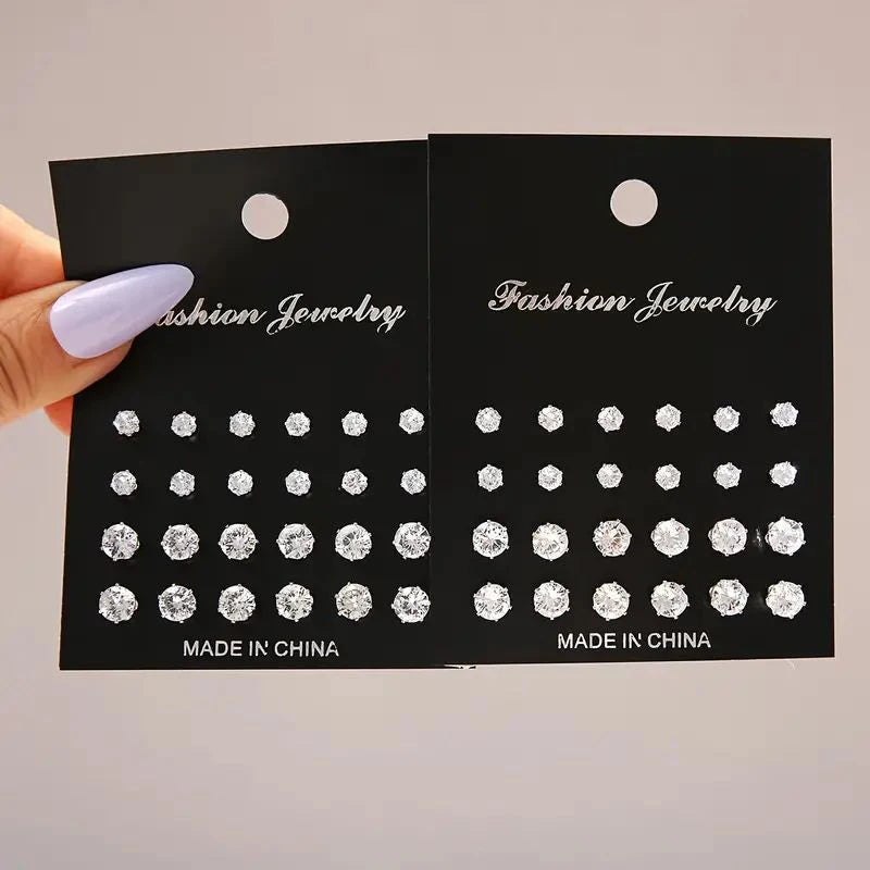 12/24/36 Pairs Shiny Zircon Stud Earrings Set for Women Men Daily Versatile Chic Silver Color Crystal Ear Jewelry Accessories
