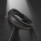 Vintage Punk Hand Woven Three Layer Leather Black Beaded Bracelet Magnetic Bracelet Clasp Men\\'s Charm Business Event Jewelry