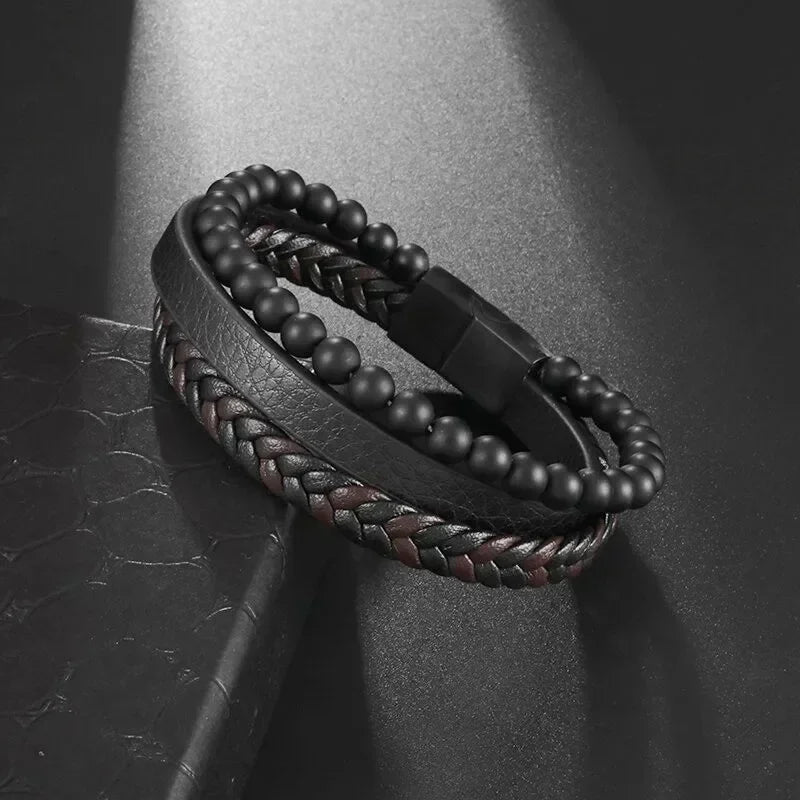 Vintage Punk Hand Woven Three Layer Leather Black Beaded Bracelet Magnetic Bracelet Clasp Men\\'s Charm Business Event Jewelry