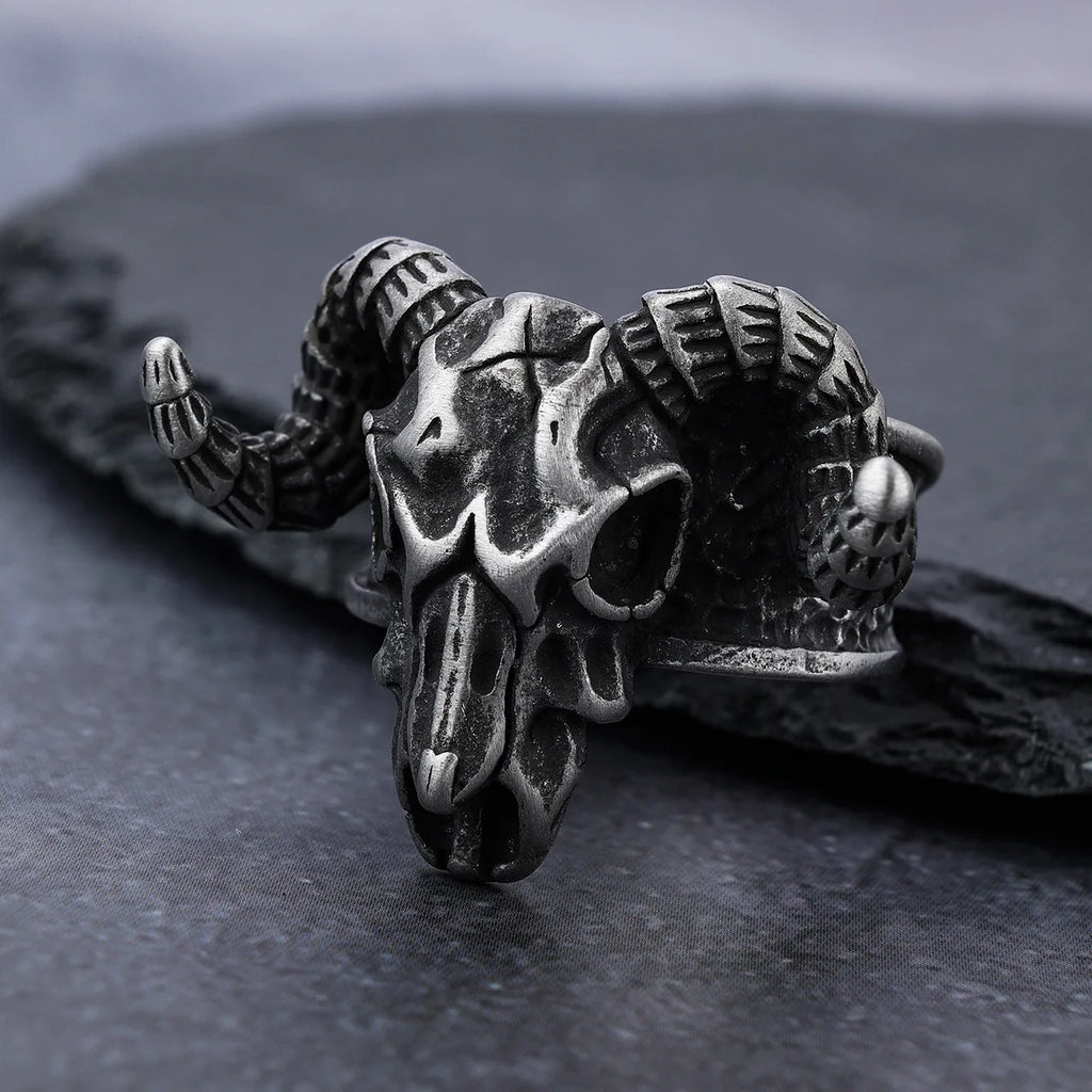 316L Nose Viking Ancient Dish Sheep Head Skull Man Ring Vintage Opening Animal Jewelry with wooden box